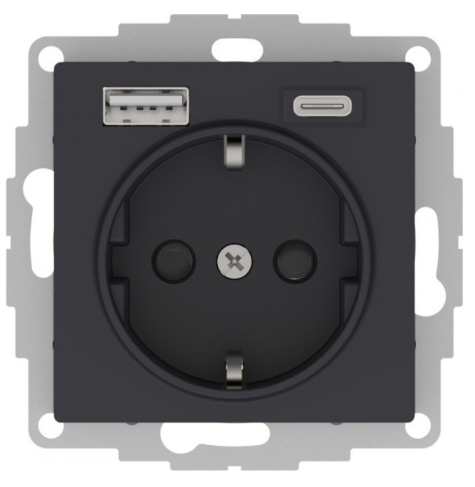 Розетка силовая + USB type - A+C, 5В/2,4А/3,0А, 2х5В/1,5А Systeme Electric Atlas Design карбон ATN001032
