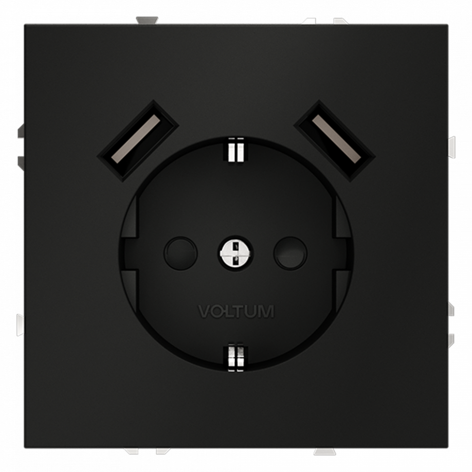 Розетка встраиваемая VOLTUM S70 с заземлением и защитными шторками, 16А, с USB, A+A, (черный матовый) VLS040408