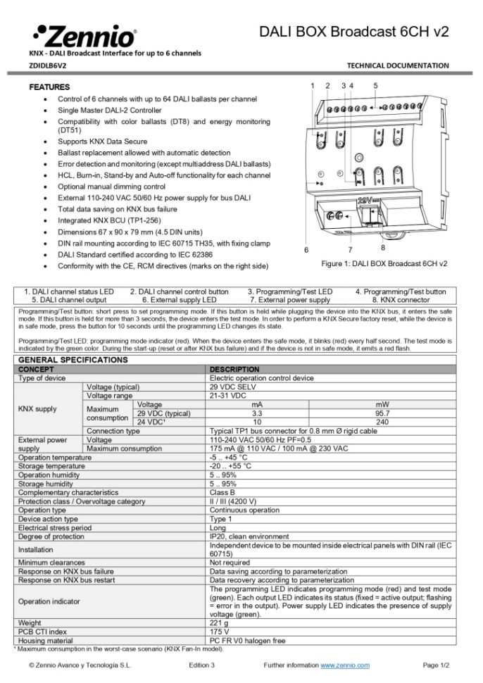 Интерфейс KNX-DALI, 6 каналов, 64 балластов каждый Zennio DALI BOX Broadcast 6CH v2 ZDIDLB6V2