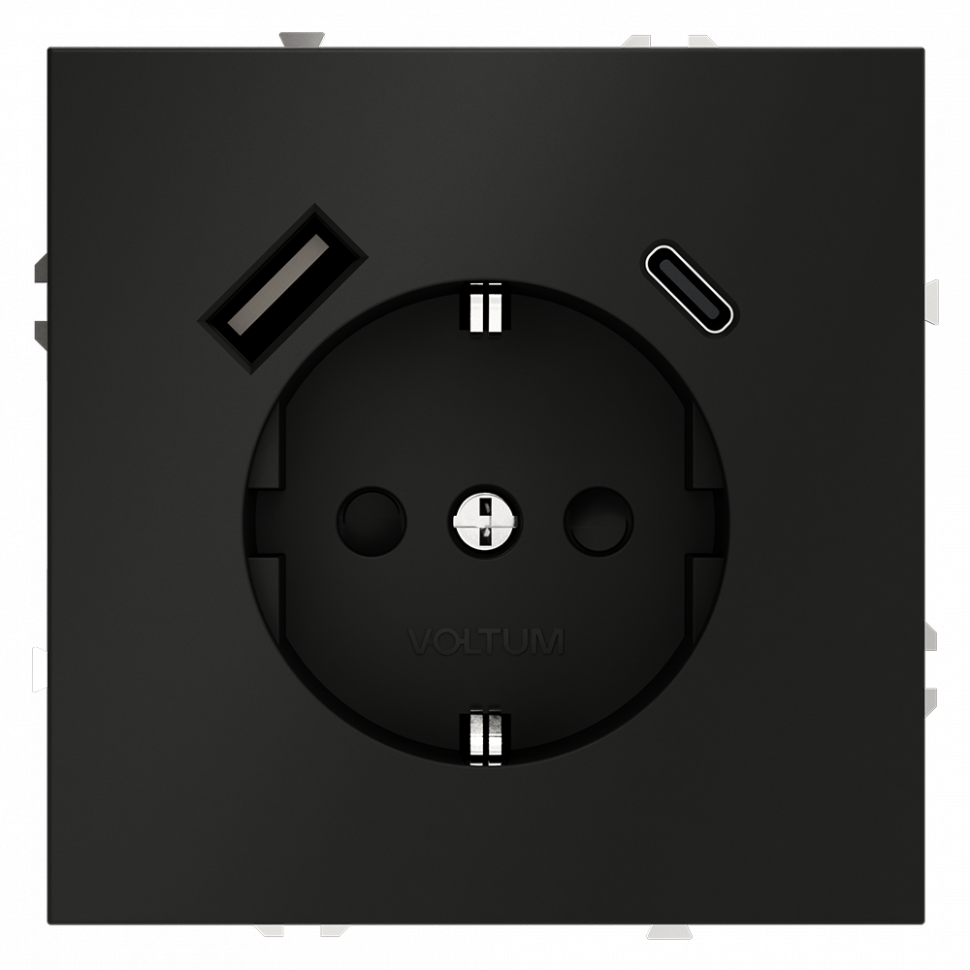 Розетка встраиваемая VOLTUM S70 с заземлением и защитными шторками, 16А, с USB, A+С, (черный матовый) VLS040508