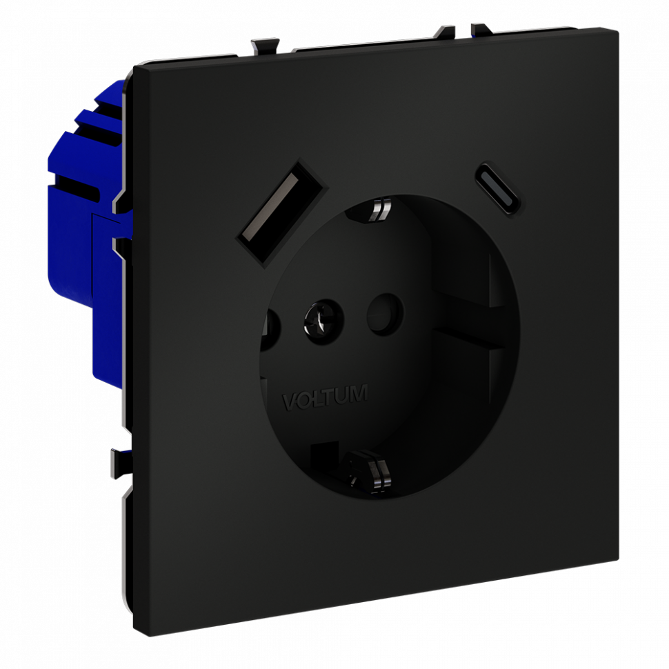 Розетка встраиваемая VOLTUM S70 с заземлением и защитными шторками, 16А, с USB, A+С, (черный матовый) VLS040508