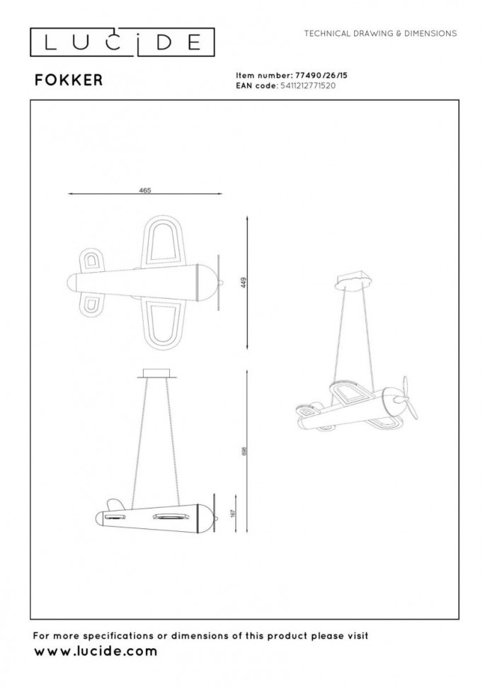 Подвесной светильник Lucide Fokker 77490/26/15