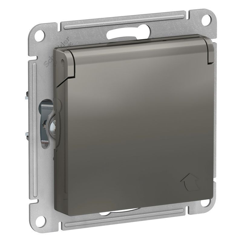 Розетка силовая Schneider Electric Atlas Design со шторками и крышкой, сталь ATN000946