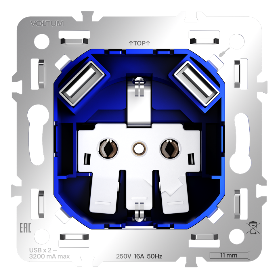 Механизм розетки с заземлением и защитными шторками 16А, с USB A+A, S70