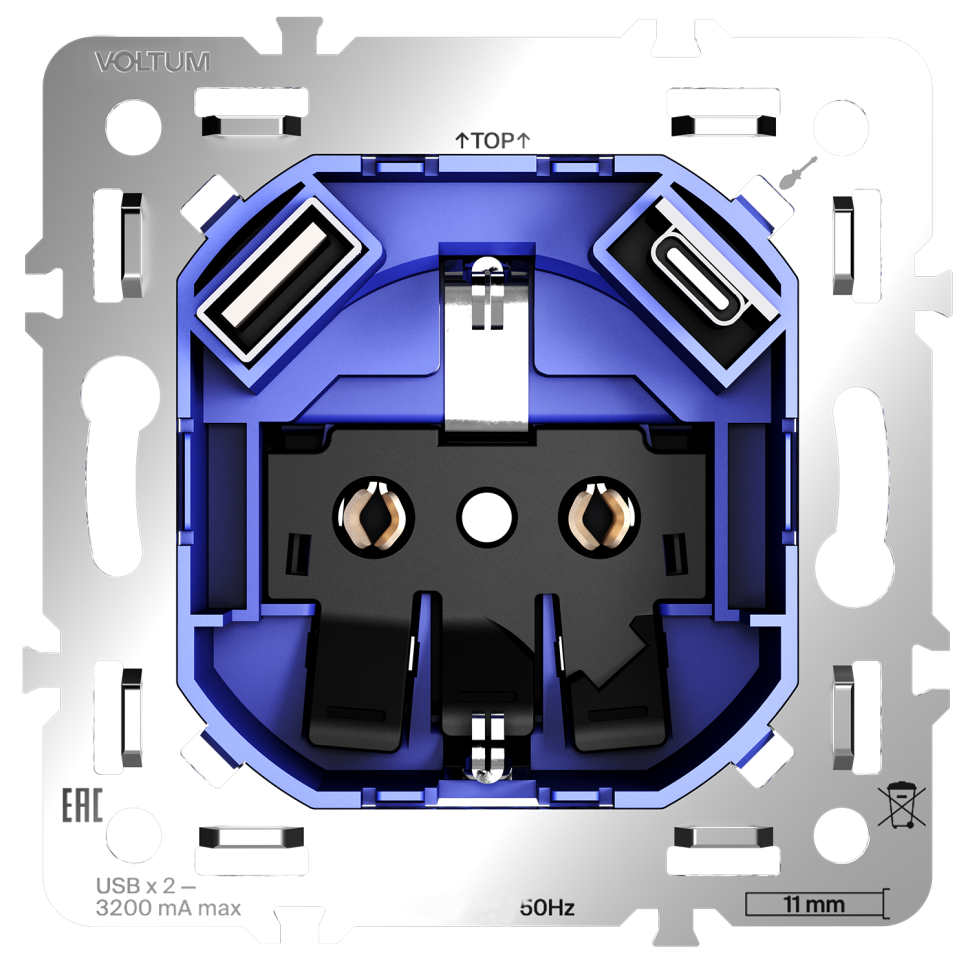 Механизм розетки с заземлением и защитными шторками 16А, с USB A+C, S70