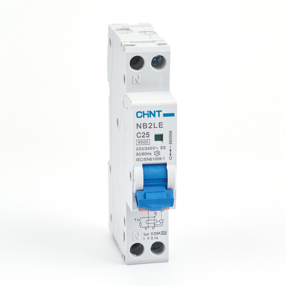Дифференциальный автомат АВДT CHINT NB2LE 1мод. 1P+N 6kA х-ка С 25А тип АС 30mA (R) 689004