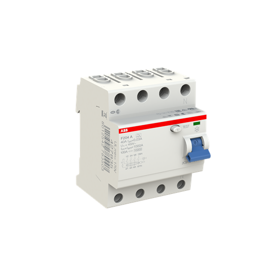 Четырехполюсное устройство защитного отключения ABB F204 A-40/0.03 2CSF204101R1400 типа A для защиты трехфазных сетей от утечек переменного и постоянного тока, номинальный ток 40А, дифференциальный ток 30мА