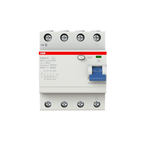 Четырехполюсное устройство защитного отключения ABB F204 A-40/0.03 2CSF204101R1400 типа A для защиты трехфазных сетей от утечек переменного и постоянного тока, номинальный ток 40А, дифференциальный ток 30мА
