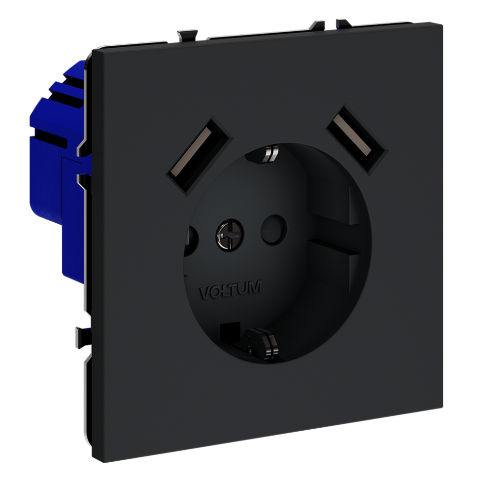 Розетка встраиваемая VOLTUM S70 с заземлением и защитными шторками, 16А, с USB, A+A, (графит) VLS040407