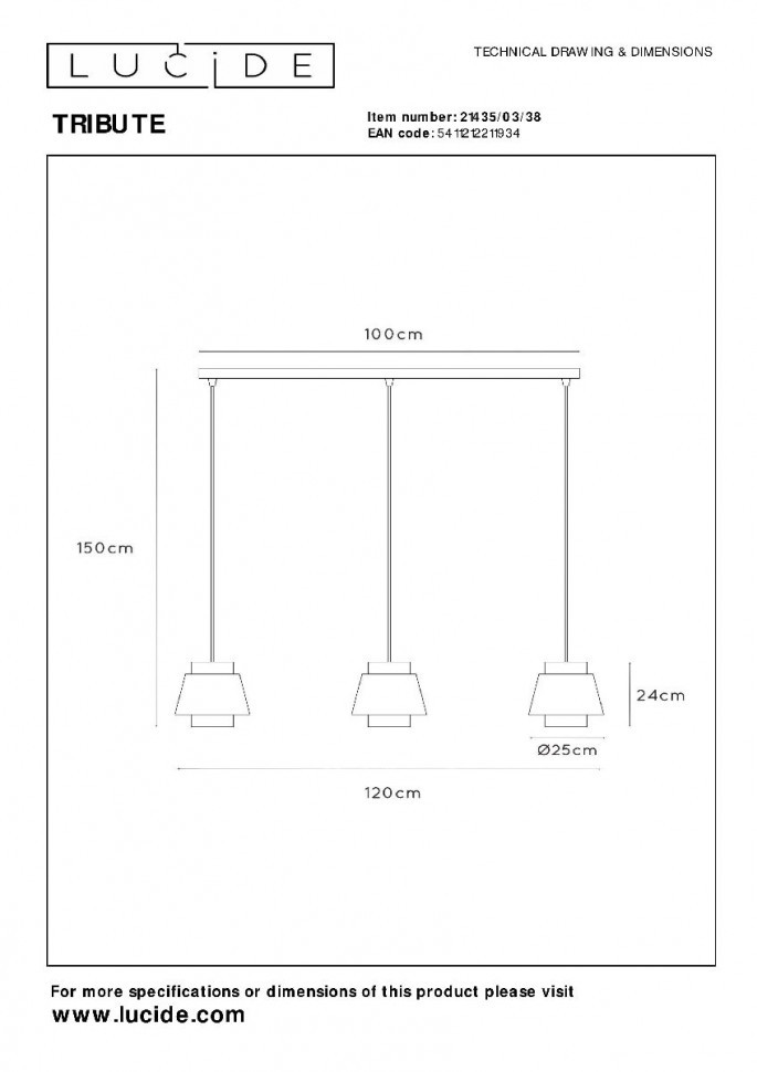 Подвесной светильник Lucide Tribute 21435/03/38