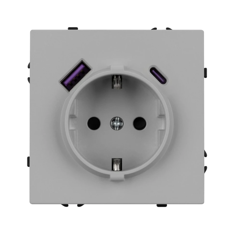 Розетка Schuko 250V 16A с USB-портом для зарядки Type A + Type C, с защитными шторками, 3,1А, 20W, IP-20,  NEO PLUS контакты винтовые 