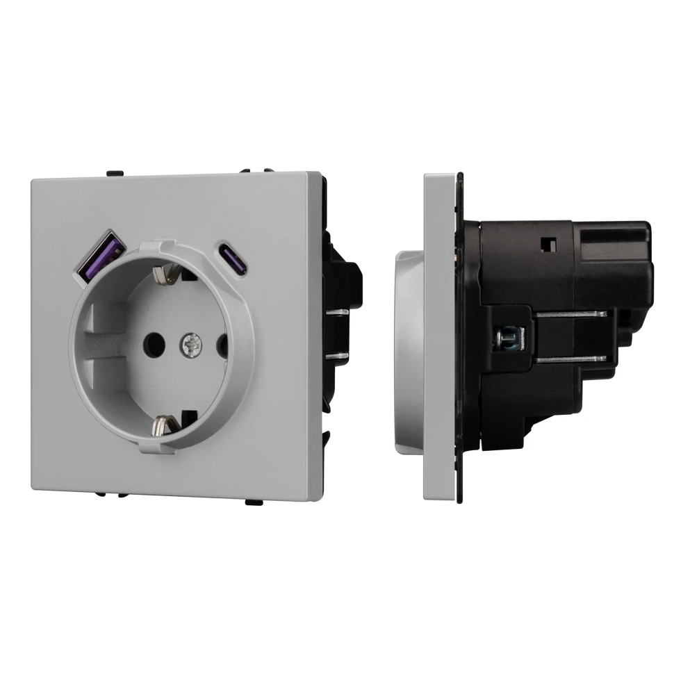 Розетка Schuko 250V 16A с USB-портом для зарядки Type A + Type C, с защитными шторками, 3,1А, 20W, IP-20,  NEO PLUS контакты винтовые 