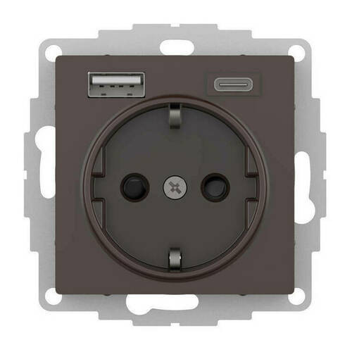Розетка силовая + USB type - A+A, 5В/2,4А, 2х5В/1,2А Systeme Electric Atlas Design мокко ATN000632