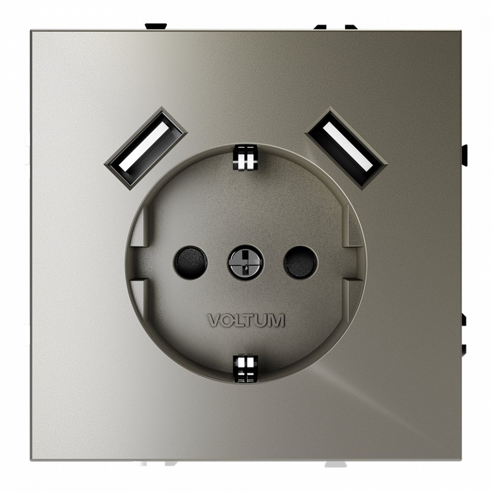 Розетка встраиваемая VOLTUM S70 с заземлением и защитными шторками, 16А, с USB, A+A, (шелк) VLS040404