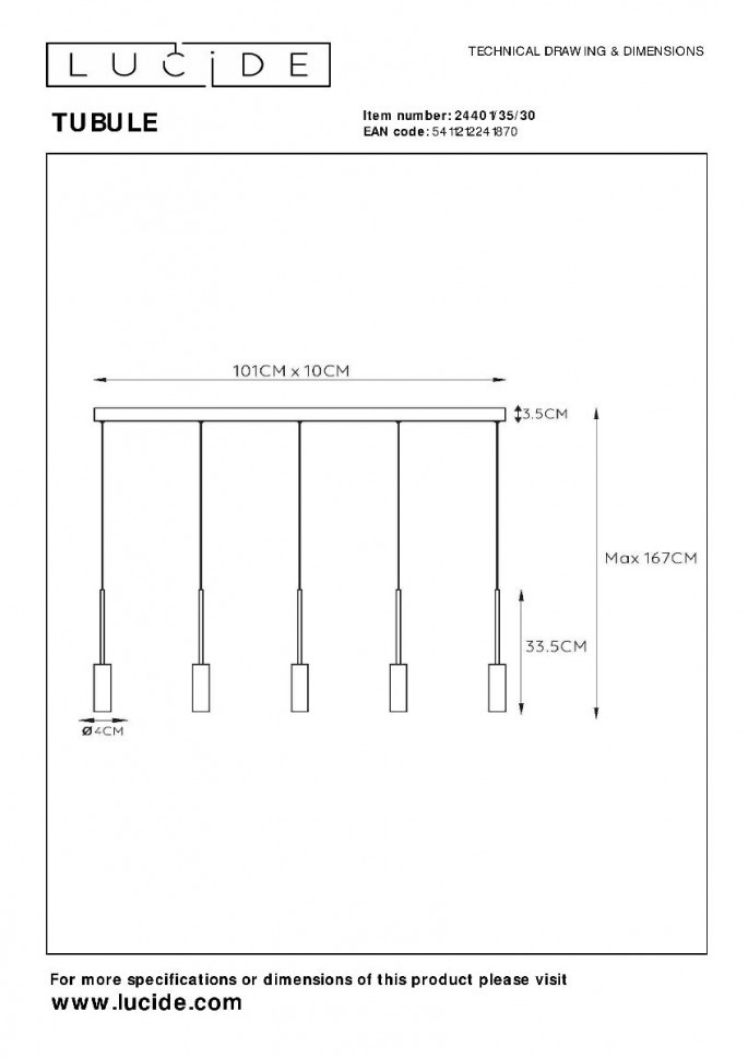 Подвесной светильник Lucide Tubule 24401/35/30