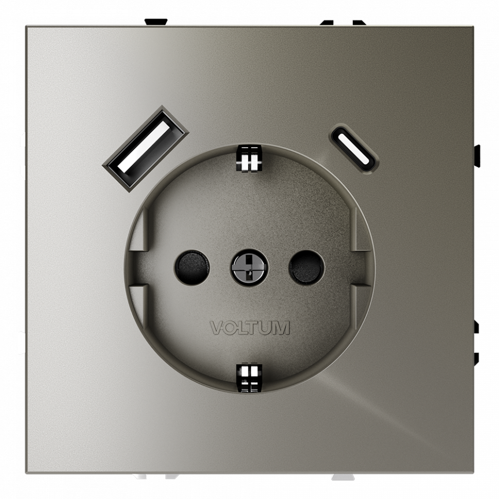 Розетка встраиваемая VOLTUM S70 с заземлением и защитными шторками, 16А, с USB, A+С, (шелк) VLS040504