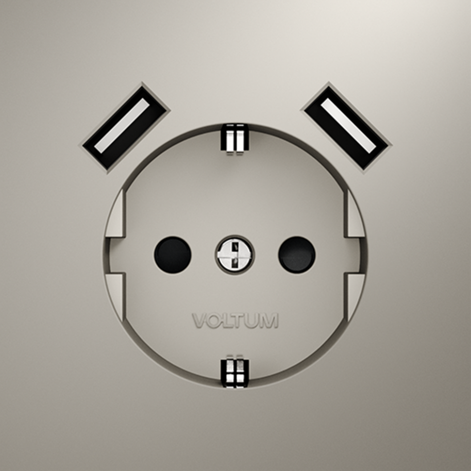 Розетка встраиваемая VOLTUM S70 с заземлением и защитными шторками, 16А, с USB, A+A, (кашемир) VLS040403