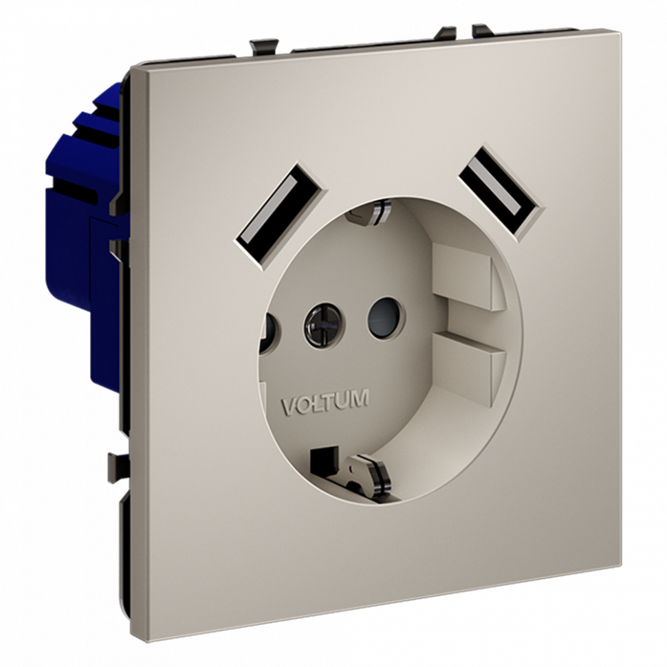 Розетка встраиваемая VOLTUM S70 с заземлением и защитными шторками, 16А, с USB, A+A, (кашемир) VLS040403