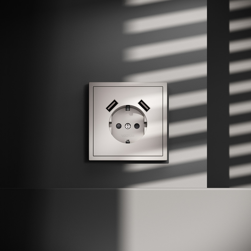 Розетка встраиваемая VOLTUM S70 с заземлением и защитными шторками, 16А, с USB, A+A, (кашемир) VLS040403