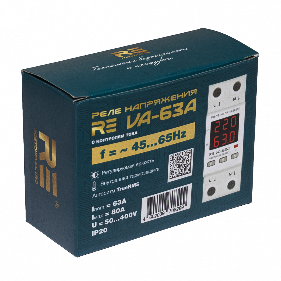 Реле напряжения c контролем тока 63A ROSTOKELECTRO (DigiTop) RE VA-63A