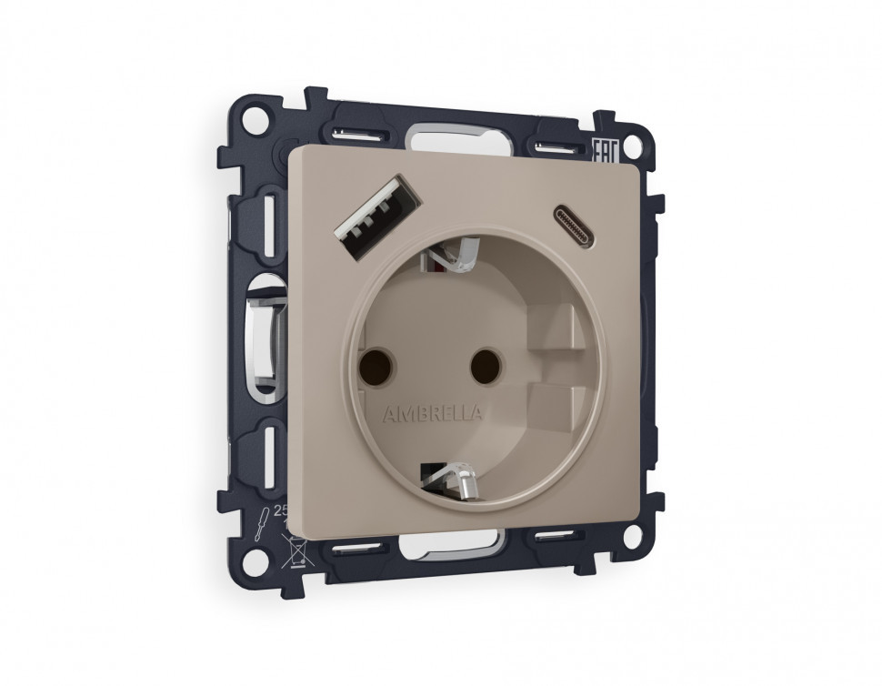 Комплект механизма электрической розетки ALFA MA370010 Серо-бежевый матовый 2USB A+C 20W быстрая зарядка с заземлением со шторками 2P+E 16A-250V QUANT