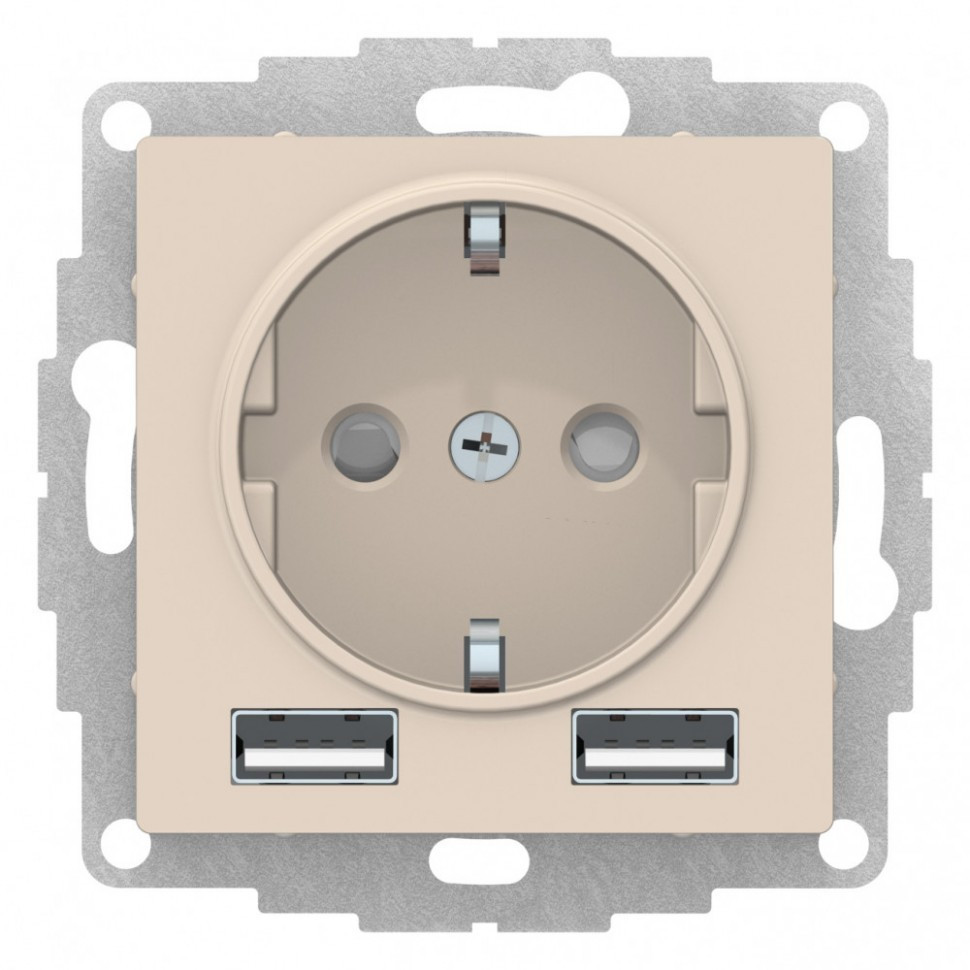 Розетка силовая + USB type - A+A, 5В/2,4А, 2х5В/1,2А Systeme Electric Atlas Design бежевая ATN000230