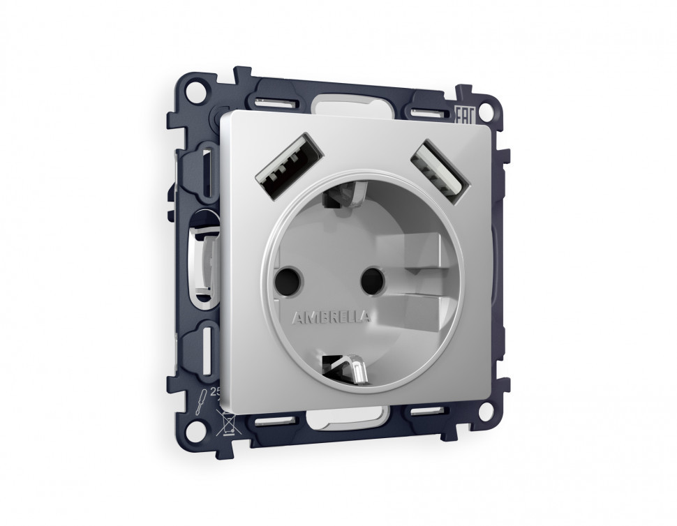 Комплект механизма электрической розетки ALFA MA409010 Серебро глянец 2USB A+A 18W быстрая зарядка с заземлением и шторками 2P+E 16A-250V QUANT