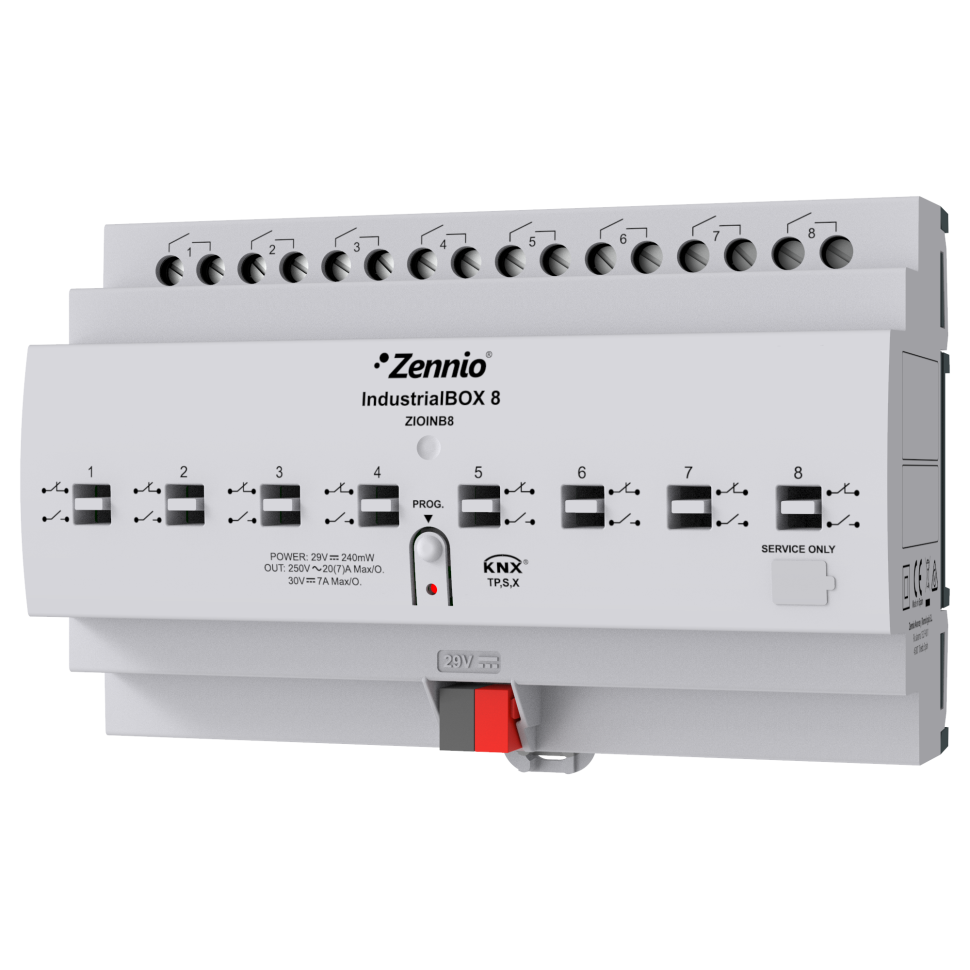 Zennio ZIOINB8 IndustrialBOX 8 Актуатор с 8 выходами (20 А, 200 мкФ), механическое ручное управление и KNX Secure