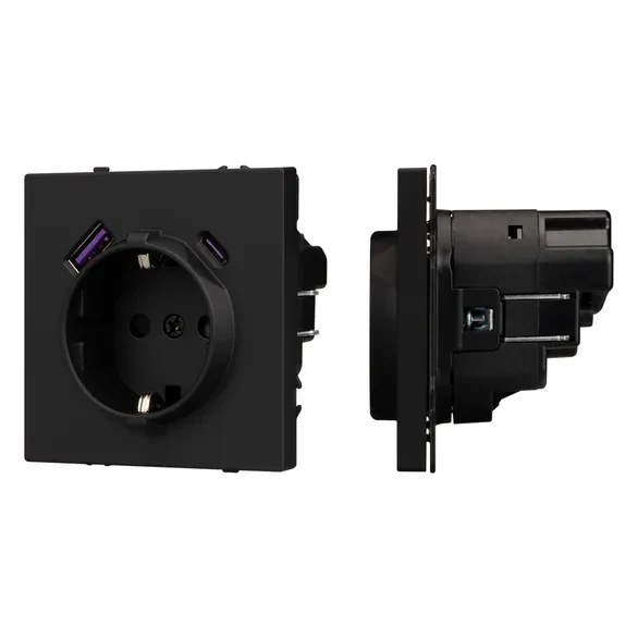 Розетка Schuko 250V 16A с USB-портом для зарядки Type A + Type C, с защитными шторками, 3,1А, 20W, IP-20, NEO PLUS  контакты винтовые