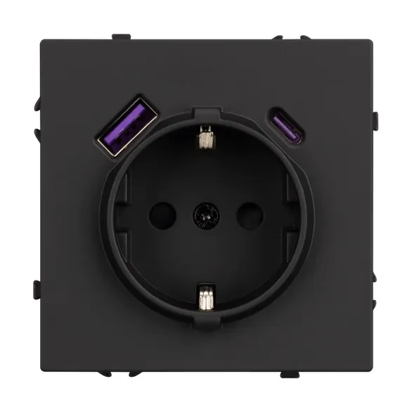Розетка Schuko 250V 16A с USB-портом для зарядки Type A + Type C, с защитными шторками, 3,1А, 20W, IP-20, NEO PLUS  контакты винтовые