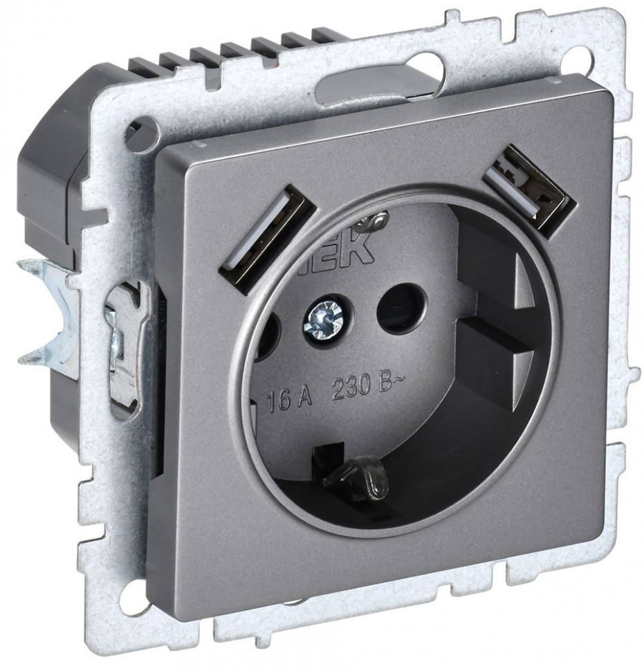 BRITE Розетка 1-местная с заземлением с защитными шторками 16А с USB A+A 5В 3,1А РЮш10-2-БрС сталь IEK