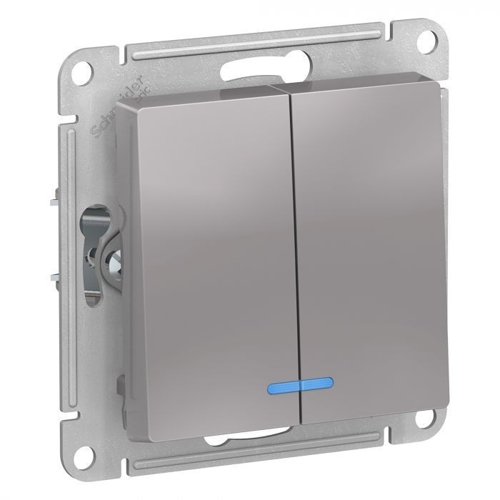 Выключатель двухклавишный Systeme Electric Atlas Design с подсветкой, алюминий ATN000353