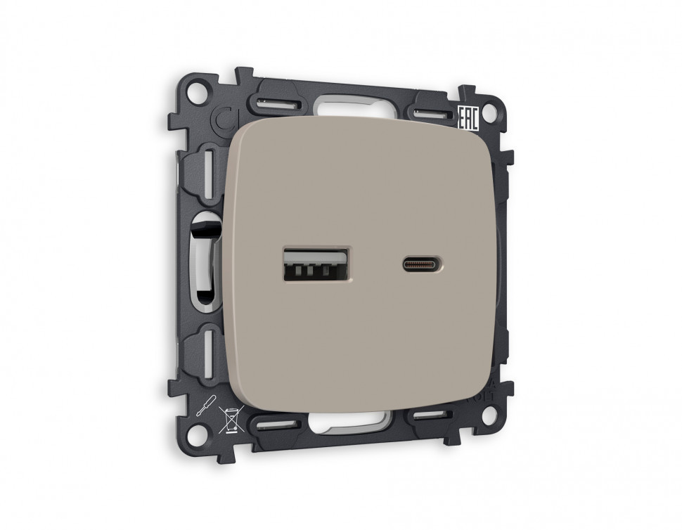 Комплект механизма розетки OMEGA MO371010 Серо-бежевый матовый 2USB A+C 20W быстрая зарядка QUANT