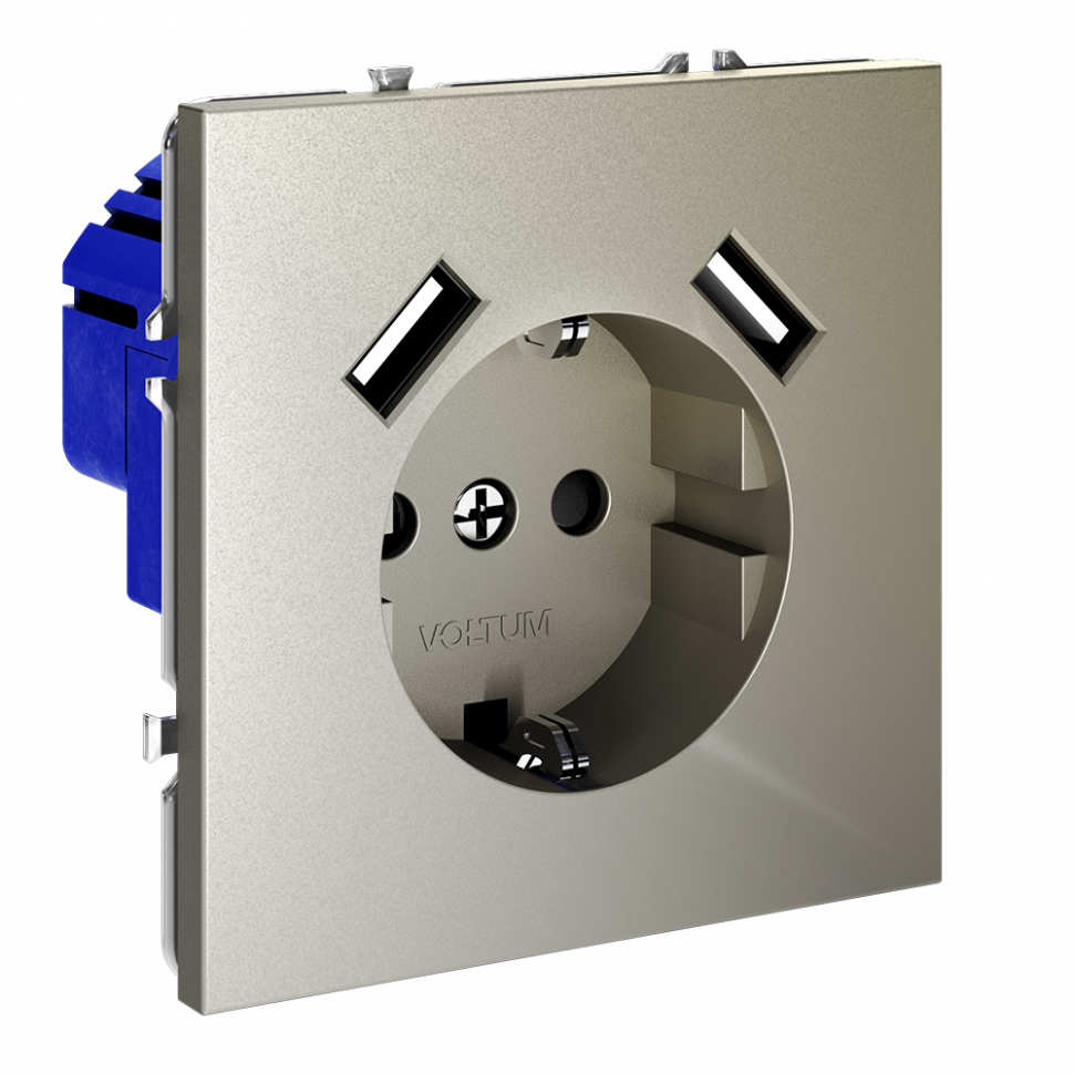 Розетка встраиваемая VOLTUM S70 с заземлением и защитными шторками, 16А, с USB, A+A, (шелк) VLS040404