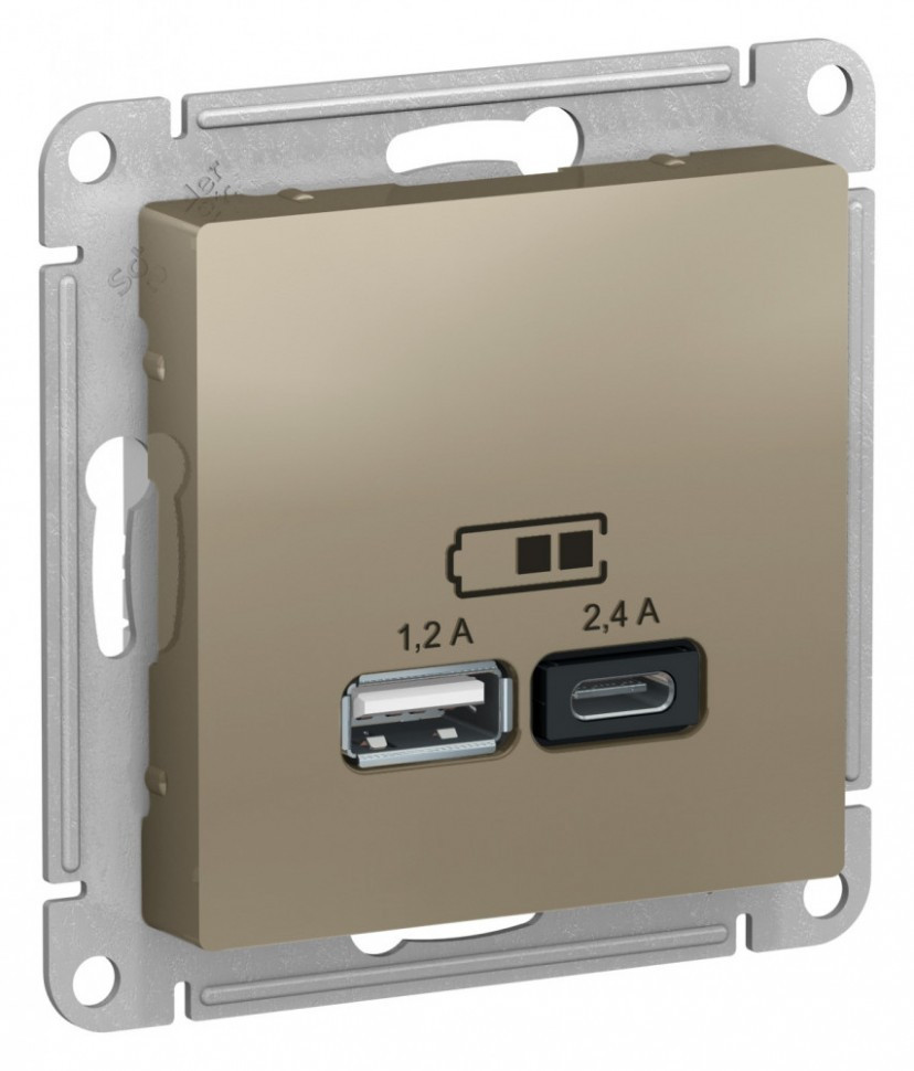 Зарядное устройство USB Type - A+C (5В/2,4 А, 2х5В/1,2 А) Systeme Electric Atlas Design  шампань ATN000539