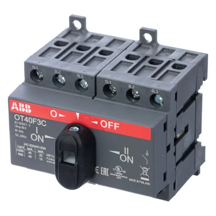 Рубильник реверсивный ABB OT40F3C 40А 3P на DIN-рейку или монтажную плату (с ручкой) 1SCA104913R1001