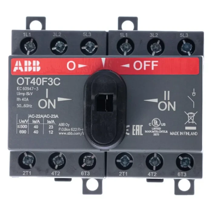 Рубильник реверсивный ABB OT40F3C 40А 3P на DIN-рейку или монтажную плату (с ручкой) 1SCA104913R1001