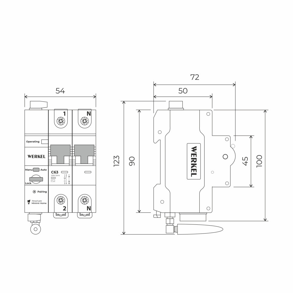 Умный автоматический выключатель 2 P 63 A C 6 kA W1002P6301