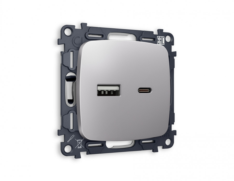 Комплект механизма розетки OMEGA MO511010 Сталь матовый 2USB A+C 20W быстрая зарядка QUANT