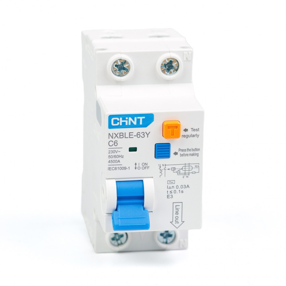 Дифференциальный автомат АВДT CHINT NXBLE-63Y 1P+N 4.5kA х-ка С 6А тип АС 30mA (R) 105540