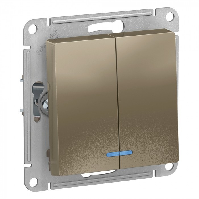 Выключатель двухклавишный Systeme Electric Atlas Design с подсветкой, шампань ATN000553