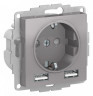 Розетка силовая + USB type - A+A, 5В/2,4А, 2х5В/1,2А Systeme Electric Atlas Design алюминий ATN000330
