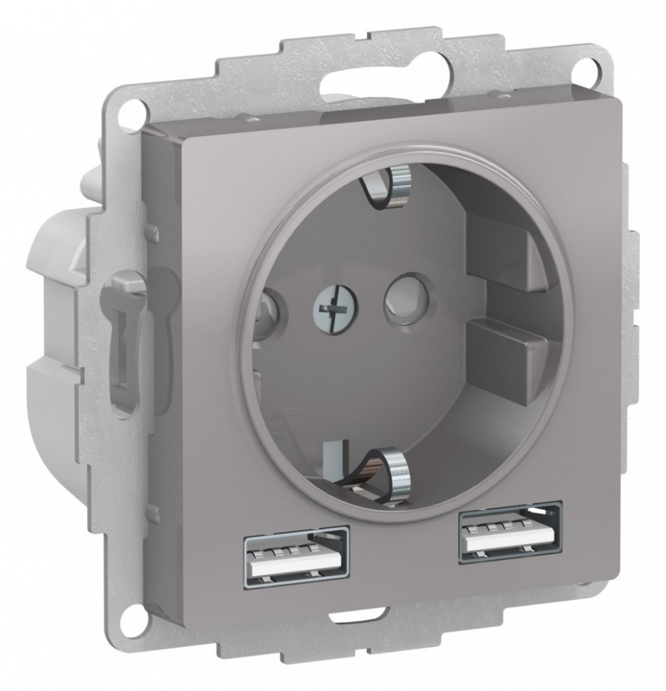 Розетка силовая + USB type - A+A, 5В/2,4А, 2х5В/1,2А Systeme Electric Atlas Design алюминий ATN000330