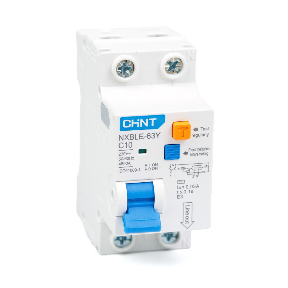 Дифференциальный автомат АВДT CHINT NXBLE-63Y 1P+N 4.5kA х-ка С 10А тип АС 30mA (R) 105541