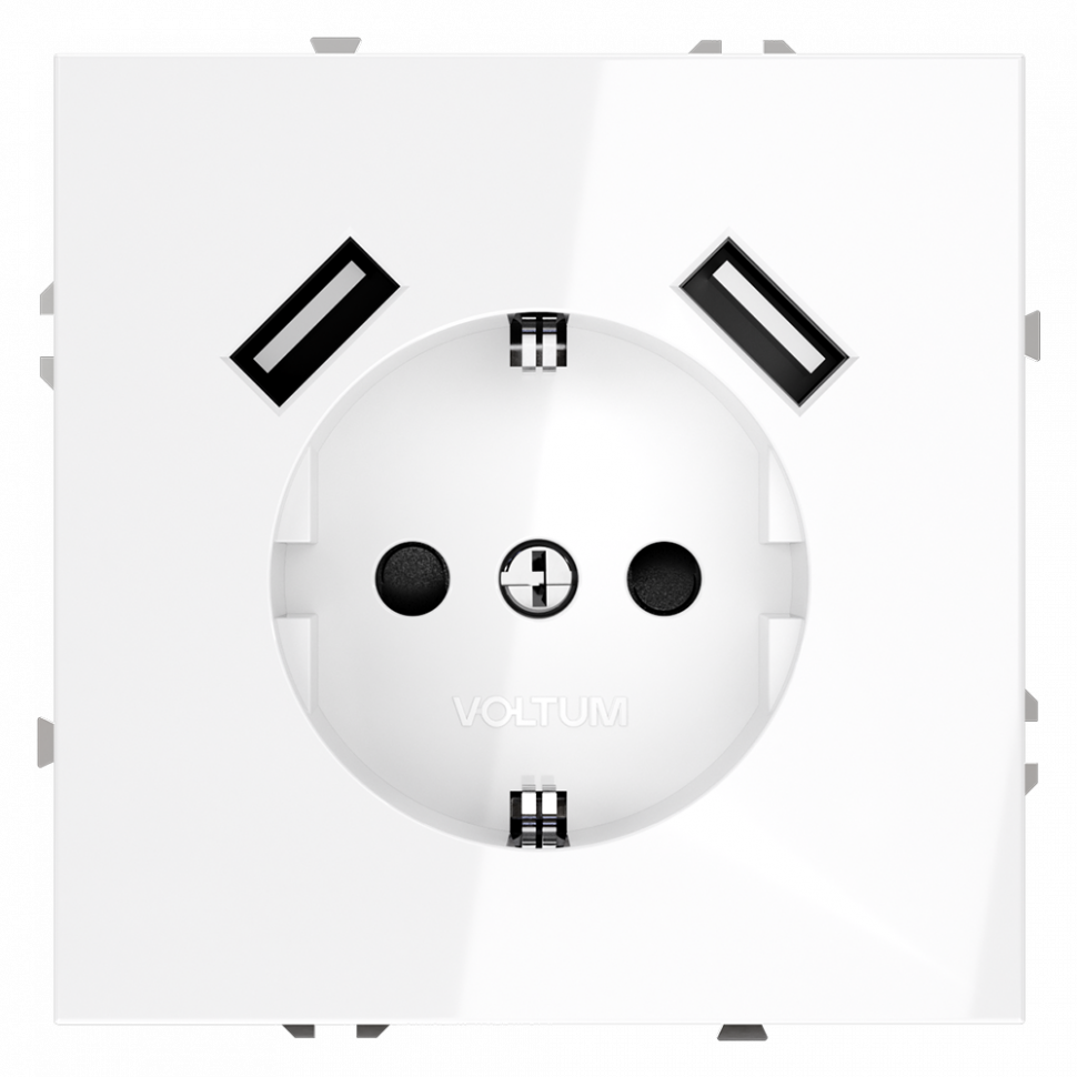 Розетка встраиваемая VOLTUM S70 с заземлением и защитными шторками, 16А, с USB, A+A, (белый глянцевый) VLS040401