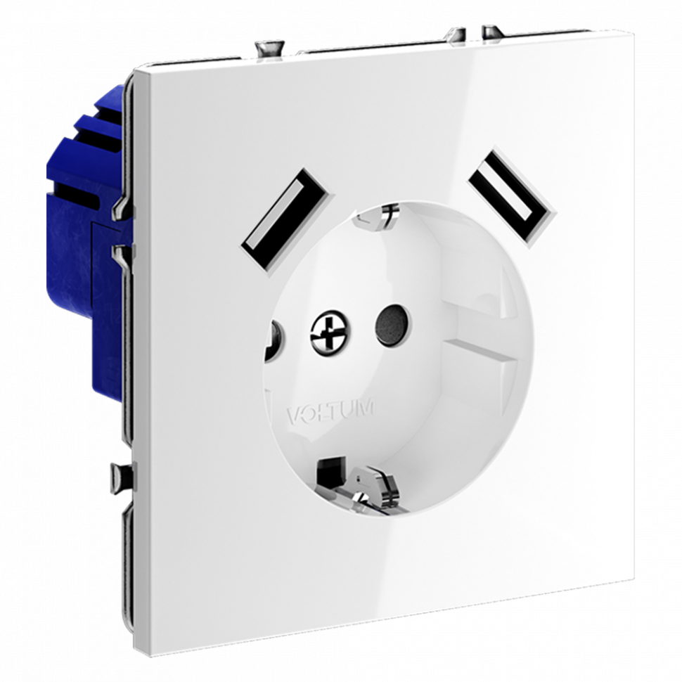 Розетка встраиваемая VOLTUM S70 с заземлением и защитными шторками, 16А, с USB, A+A, (белый глянцевый) VLS040401