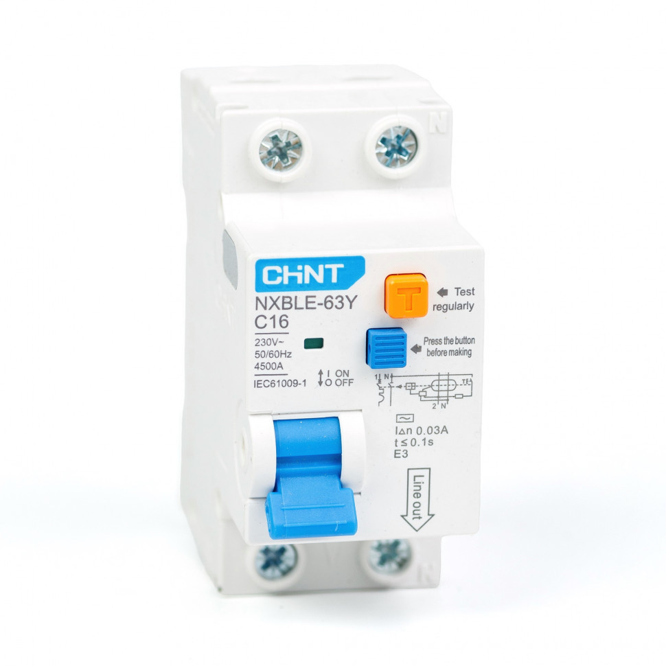 Дифференциальный автомат АВДT CHINT NXBLE-63Y 1P+N 4.5kA х-ка С 16А тип АС 30mA (R) 105542