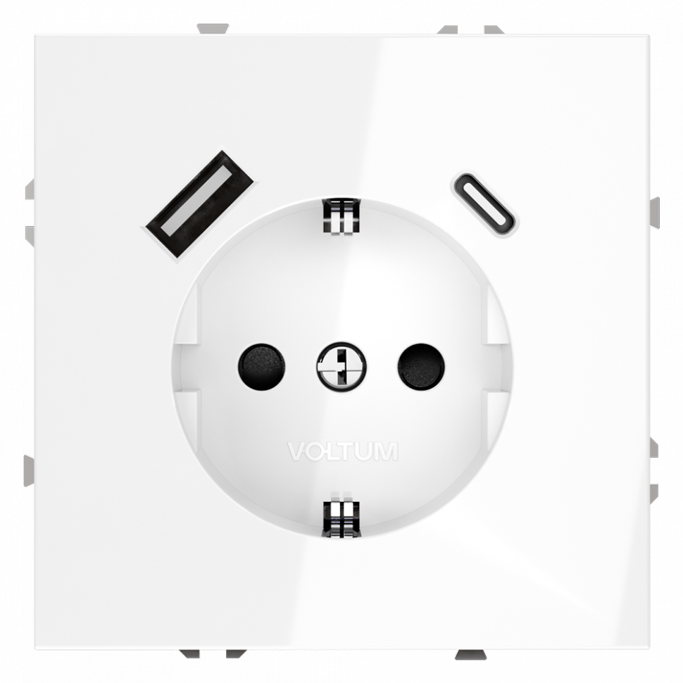 Розетка встраиваемая VOLTUM S70 с заземлением и защитными шторками, 16А, с USB, A+С, (белый глянцевый) VLS040501