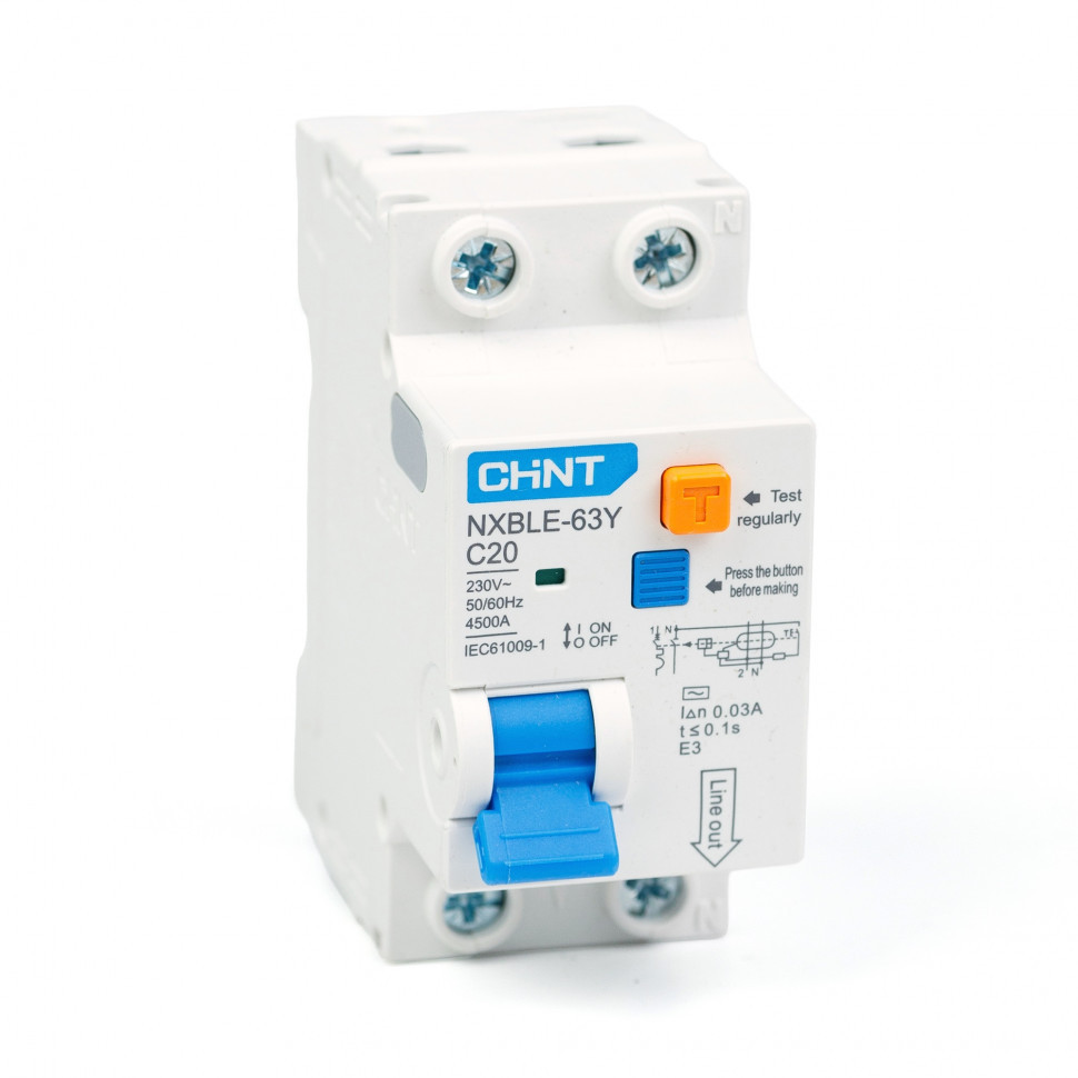 Дифференциальный автомат АВДT CHINT NXBLE-63Y 1P+N 4.5kA х-ка С 20А тип АС 30mA (R) 105543