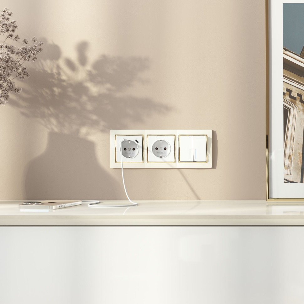 Рамка из поликарбоната на 3 поста Snabb слоновая кость/золото W0031932